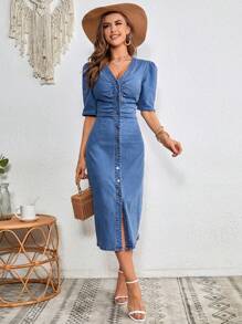 SHEIN Frenchy Puff Sleeve Ruched Button Through Denim Dress Winter Casual - Medium Wash - View 3
