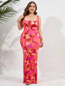 PARTHEA 大碼幾何印花肩上打結魚尾裙下擺吊帶連衣裙 - 紅色 - 查看 8