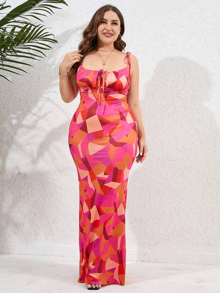 PARTHEA Plus Geo Print Tie Shoulder Mermaid Hem Cami Dress
