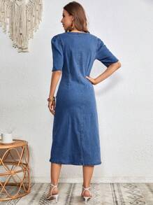 SHEIN Frenchy Puff Sleeve Ruched Button Through Denim Dress Winter Casual - Medium Wash - View 2