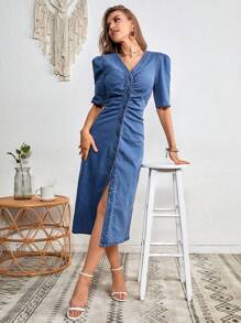 SHEIN Frenchy Puff Sleeve Ruched Button Through Denim Dress Winter Casual - Medium Wash - View 4