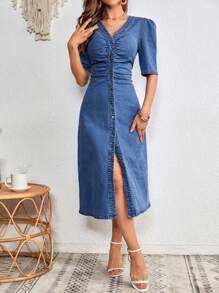 SHEIN Frenchy Puff Sleeve Ruched Button Through Denim Dress Winter Casual - Medium Wash - View 5