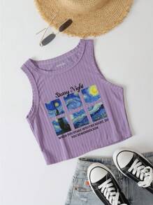 SHEIN EZwear 標語圖案條紋針織背心上衣 - 紫丁香色 - 查看 1