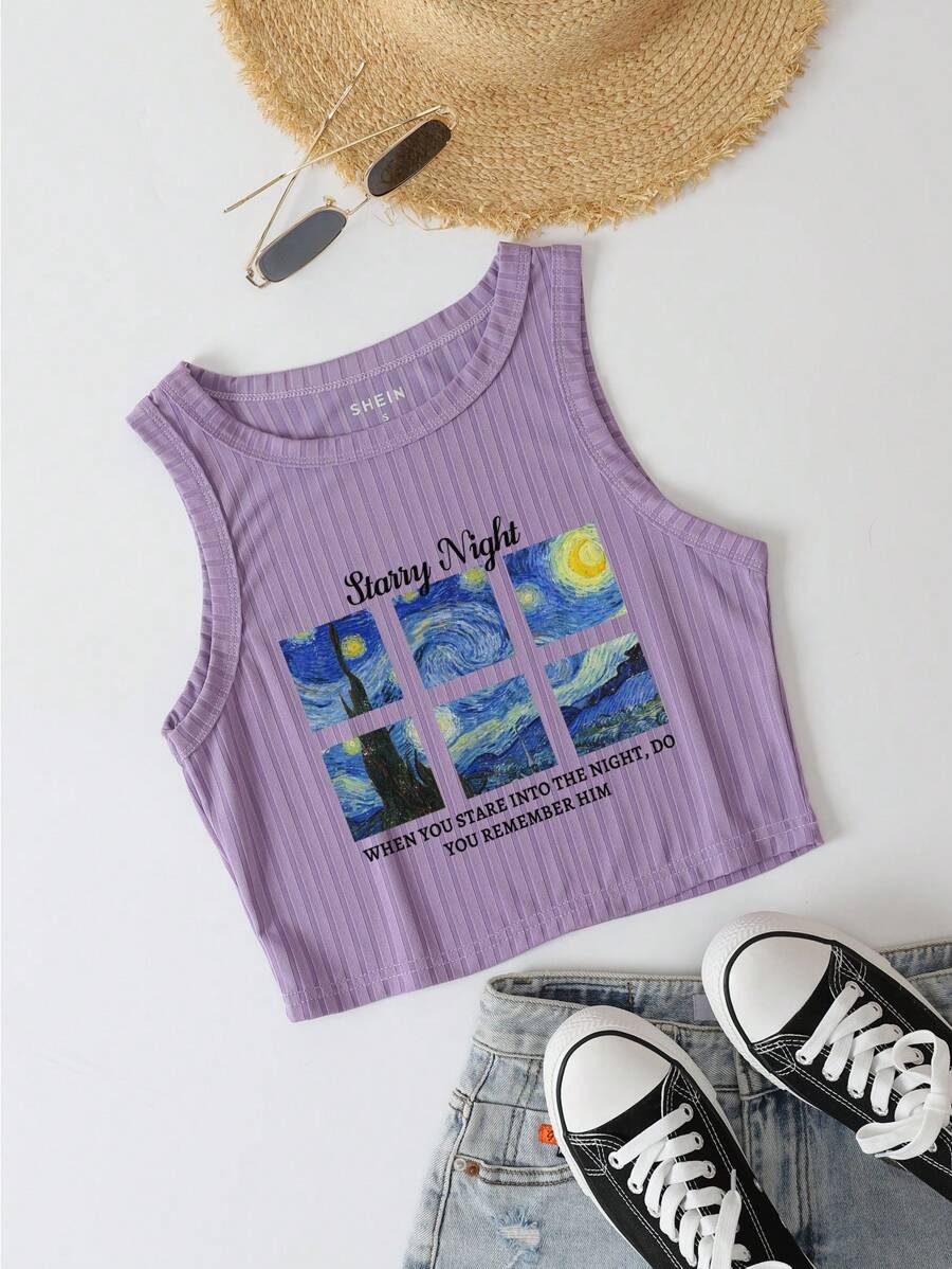 SHEIN EZwear 標語圖案條紋針織背心上衣 - 紫丁香色 - 查看 1