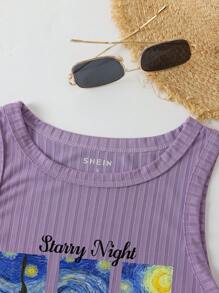 SHEIN EZwear 標語圖案條紋針織背心上衣 - 紫丁香色 - 查看 3