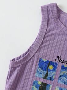 SHEIN EZwear 標語圖案條紋針織背心上衣 - 紫丁香色 - 查看 5