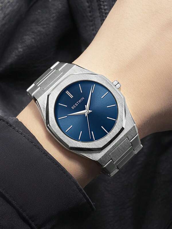 GORBEN 1pc Men Silver Alloy Strap Business Water Resistant Polygon Dial Quartz Watch, For Daily Life Father
