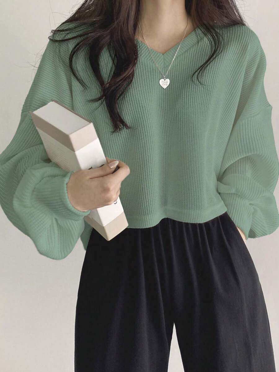 DAZY Playera Sólida Con Tejido De Punto De Gofre Y Hombros Caídos - Verde - Ver 1