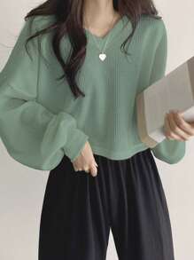 DAZY Playera Sólida Con Tejido De Punto De Gofre Y Hombros Caídos - Verde - Ver 5