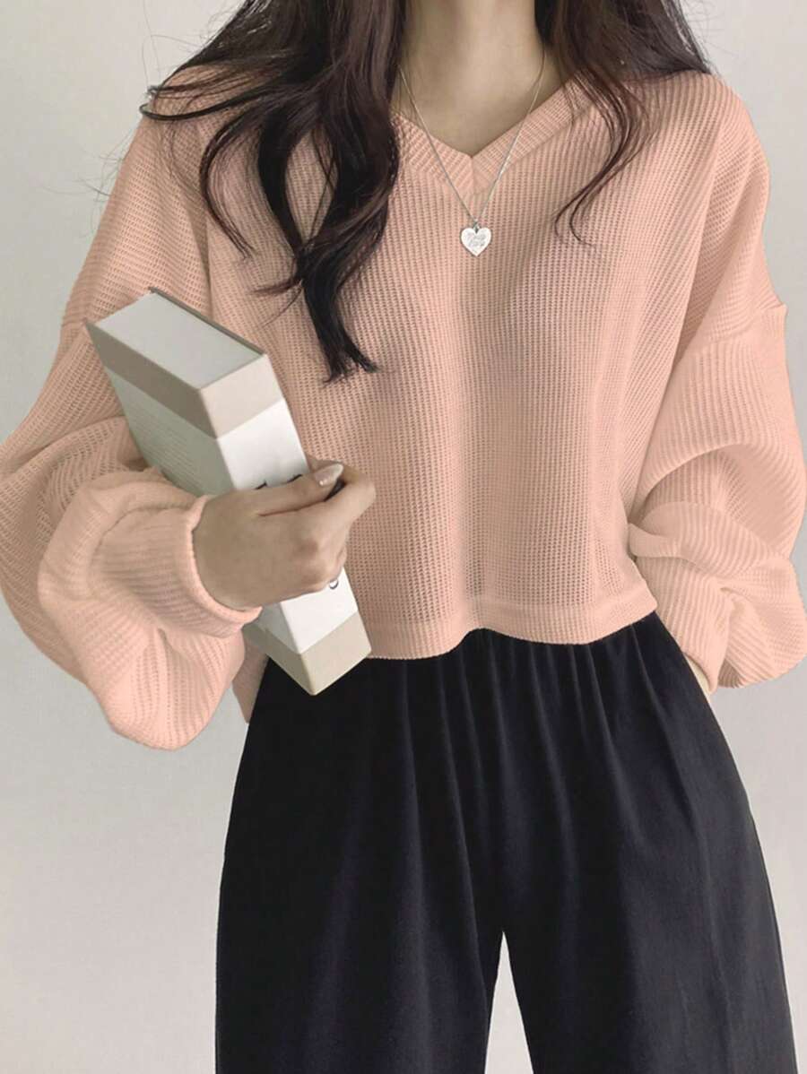 DAZY Camiseta De Punto Tipo Gofre Con Hombros Caídos Unicolor - Rosa coral - Ver 1