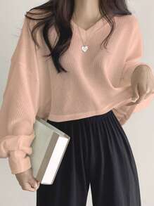 DAZY Camiseta De Punto Tipo Gofre Con Hombros Caídos Unicolor - Rosa coral - Ver 3