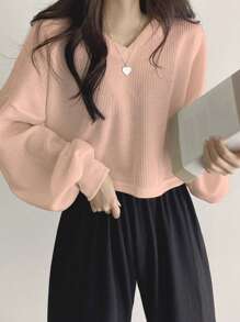 DAZY Camiseta De Punto Tipo Gofre Con Hombros Caídos Unicolor - Rosa coral - Ver 4