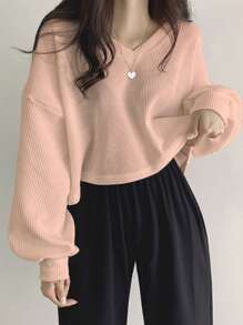 DAZY Camiseta De Punto Tipo Gofre Con Hombros Caídos Unicolor - Rosa coral - Ver 5