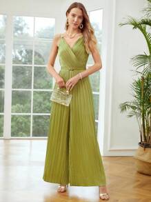 MOTF PREMIUM BELTED PLEATED WIDE-LEG JUMPSUIT - Olive Green - View 6