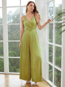 MOTF PREMIUM BELTED PLEATED WIDE-LEG JUMPSUIT - Olive Green - View 8
