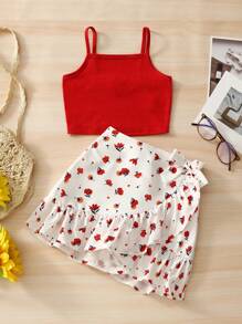 SHEIN Top De Tirantes De Niña Joven Y Falda De Lado Con Nudo Y Estampado Floral Y Detalle De Volante - Rojo y blanco - Ver 1