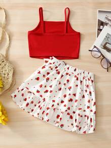 SHEIN Top De Tirantes De Niña Joven Y Falda De Lado Con Nudo Y Estampado Floral Y Detalle De Volante - Rojo y blanco - Ver 2
