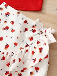 SHEIN Top De Tirantes De Niña Joven Y Falda De Lado Con Nudo Y Estampado Floral Y Detalle De Volante - Rojo y blanco - Ver 3