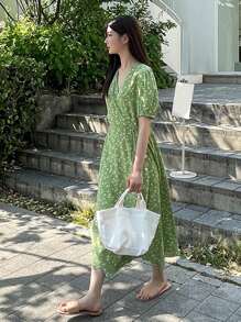 DAZY Ditsy Floral Surplice Neck Puff Sleeve Dress