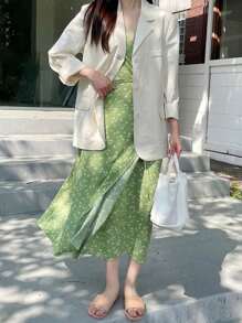 DAZY Ditsy Floral Surplice Neck Puff Sleeve Dress