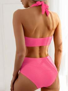 SHEIN Swim 素色吊脖高腰比基尼泳裝 - 玫紅色 - 查看 2