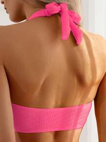 SHEIN Swim 素色吊脖高腰比基尼泳裝 - 玫紅色 - 查看 5