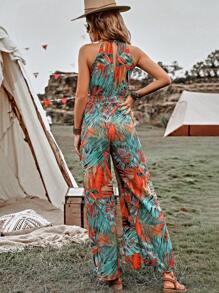 Breezaya 熱帶圖案高衩腰帶繞頸連體褲 - 彩色 - 查看 2