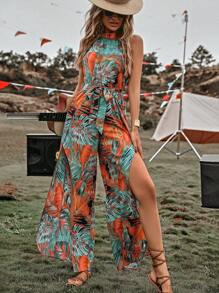 Breezaya 熱帶圖案高衩腰帶繞頸連體褲 - 彩色 - 查看 5