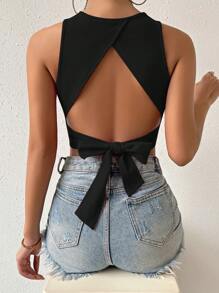 SHEIN ChicEase Solid Tie Backless Crop Tank Top - Black - View 4