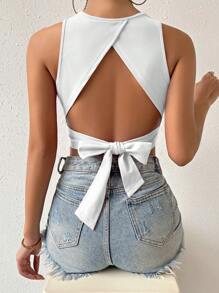 SHEIN ChicEase Top tank crop unicolor de espalda abierta con cordón - Blanco - Ver 4