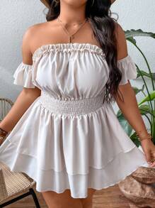 SHEIN Holidaya Đầm Plus Size viền lá sen phân lớp Dải chun màu trơn Giải trí - Màu be - Xem 1