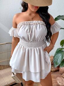 SHEIN Holidaya Đầm Plus Size viền lá sen phân lớp Dải chun màu trơn Giải trí - Màu be - Xem 3