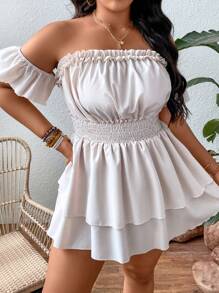 SHEIN Holidaya Đầm Plus Size viền lá sen phân lớp Dải chun màu trơn Giải trí - Màu be - Xem 4
