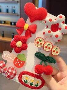 9入組女性時尚紅色心形髮夾套裝（隨機發送），可愛草莓風格 - 彩色 - 查看 2