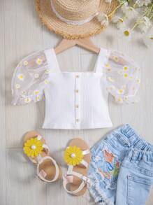 SHEIN Young Girl Daisy Print Contrast Mesh Puff Sleeve Square Neck Tee, Filipiniana Terno - White - View 1