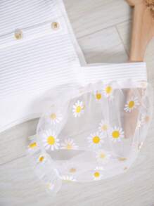 SHEIN Young Girl Daisy Print Contrast Mesh Puff Sleeve Square Neck Tee, Filipiniana Terno - White - View 4