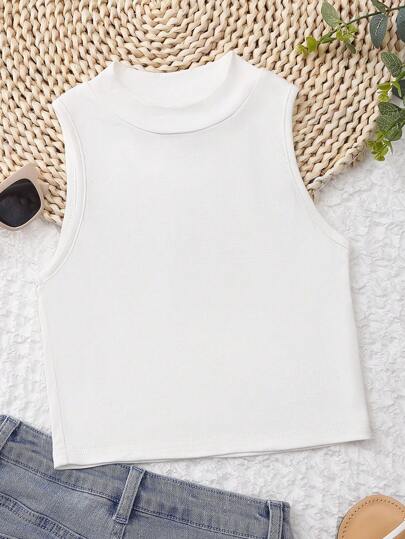 SHEIN Tween Girls' Solid Color Round Neck Casual Versatile Tank Top