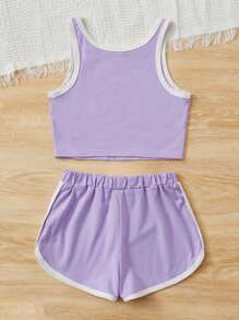 SHEIN Girls Rainbow & Slogan Graphic Contrast Binding Tank Top & Bow Front Shorts - Lilac Purple - View 2