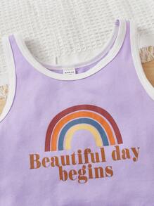 SHEIN Girls Rainbow & Slogan Graphic Contrast Binding Tank Top & Bow Front Shorts - Lilac Purple - View 3