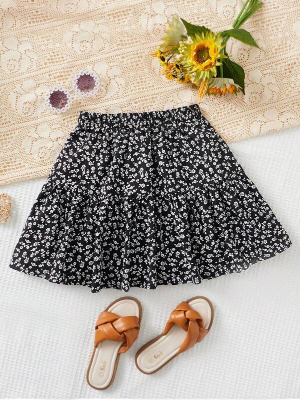 SHEIN Tween Girl Ditsy Floral Print Ruffle Hem Skirt