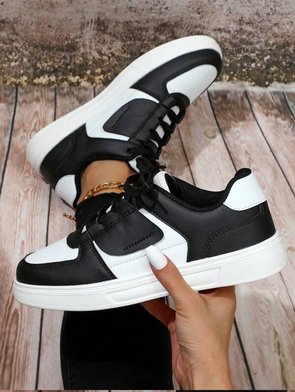 Women Color Block Skate Shoes, Lace-up Front Sporty Sneakers