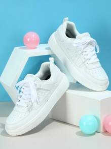 秋冬女式简约滑板鞋，系带运动鞋，白色 - 白色 - 查看 3