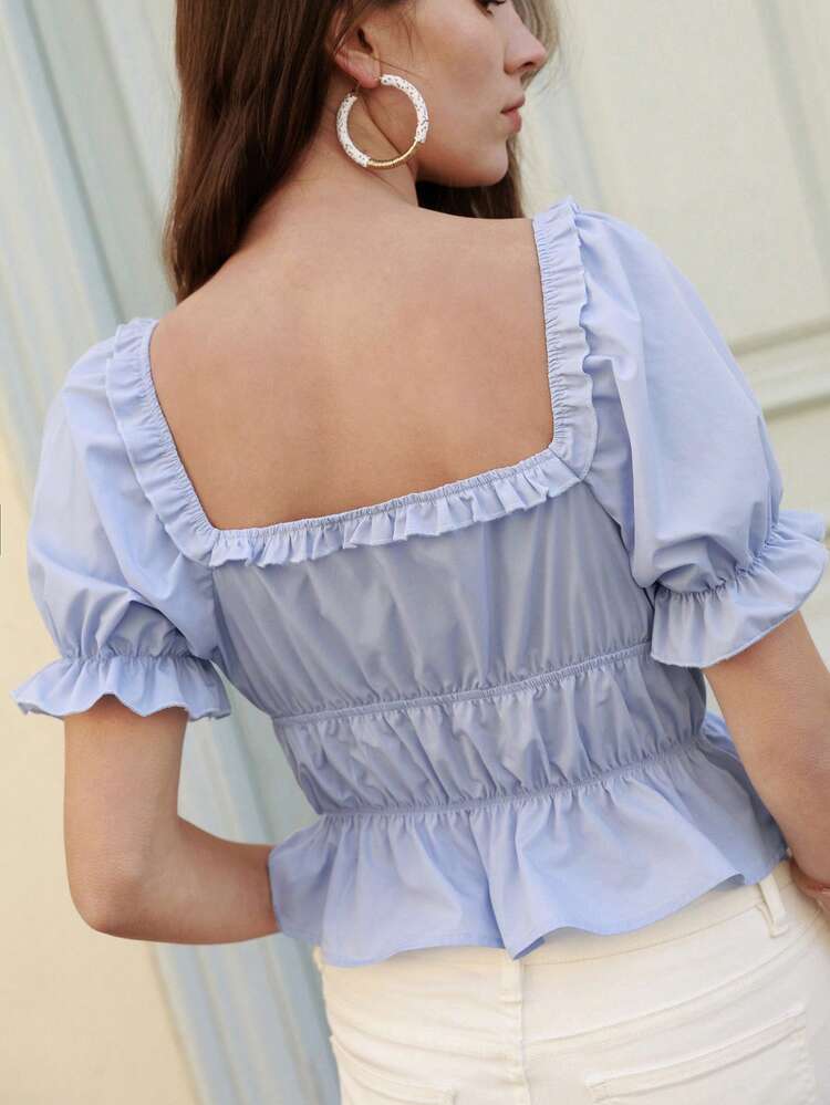 SHEIN Frenchy Frill Trim Ruffle Hem Puff Sleeve Peplum Top - Baby Blue - View 4