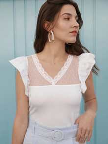 SHEIN Frenchy 蕾絲邊網紗肩部荷葉袖T恤 - 白色 - 查看 3