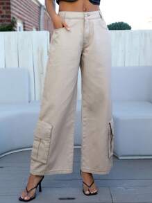 SHEIN Flap Pocket Wide Leg Jeans - Khaki - View 1