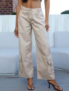 SHEIN Flap Pocket Wide Leg Jeans - Khaki - View 4