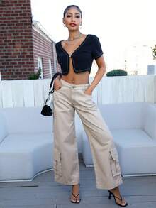 SHEIN Flap Pocket Wide Leg Jeans - Khaki - View 5