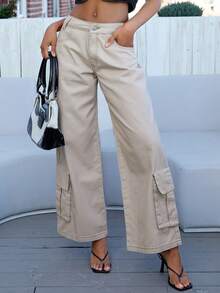 SHEIN Flap Pocket Wide Leg Jeans - Khaki - View 6