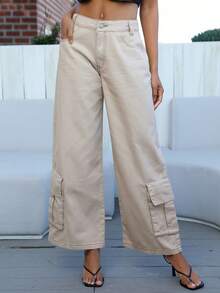 SHEIN Flap Pocket Wide Leg Jeans - Khaki - View 7