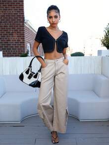 SHEIN Flap Pocket Wide Leg Jeans - Khaki - View 8